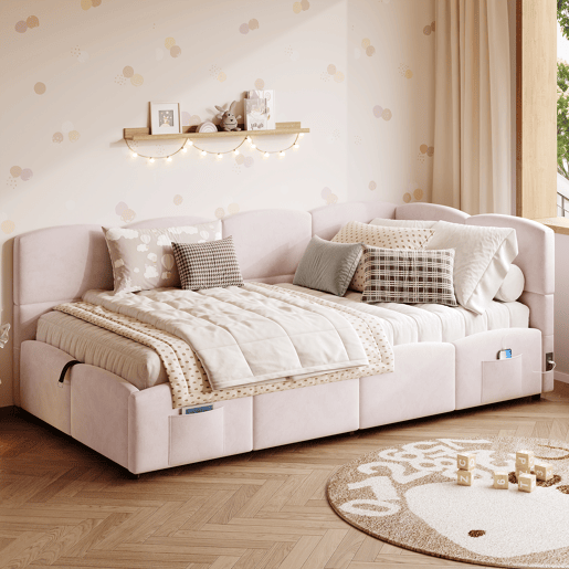 Cama estofada 90x200 cm - com estrado de ripas, USB, arrumação, rosa