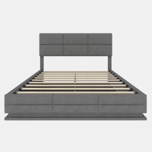 Cama estofada 160x200 cm - Cabeceira ajustável, portas USBType-C, iluminação LED, sistema hidráulico, armazenamento XXL - Cinza