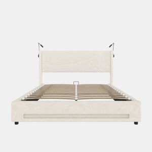 Cama estofada 140x200 cm - 2 luzes de leitura, armazenamento hidráulico, USB, estrutura estável, alta capacidade - Bege