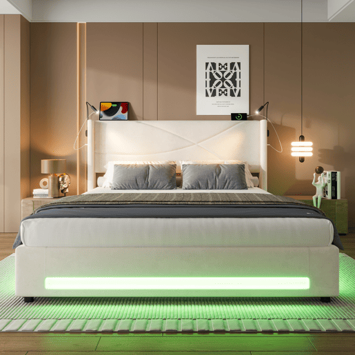 Cama estofada 140x200 cm - 2 luzes de leitura, armazenamento hidráulico, USB, estrutura estável, alta capacidade - Bege
