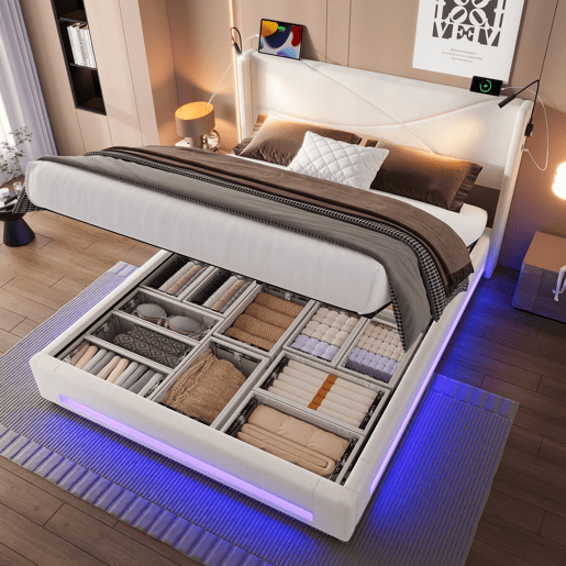 Cama estofada 140x200 cm - 2 luzes de leitura, armazenamento hidráulico, USB, estrutura estável, alta capacidade - Bege