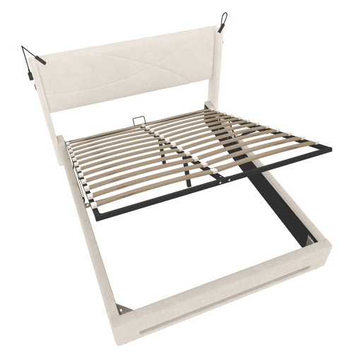 Cama estofada 140x200 cm - 2 luzes de leitura, armazenamento hidráulico, USB, estrutura estável, alta capacidade - Bege