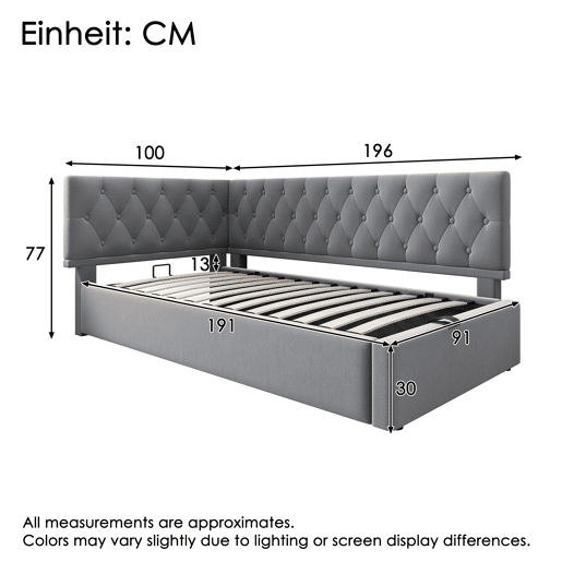Cama Polsterbett 90x190 cm - Sofá-cama com arrumação hidráulica - Cinza