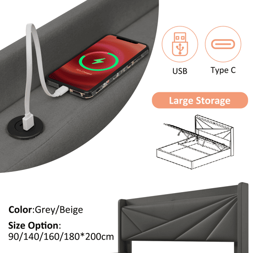 Cama de casal estofada 140x200 - arrumação, gaveta e função de carregamento USB Tipo C - Cinza