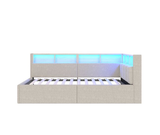 Cama día 90x200 cm - sofá cama, almacenamiento hidráulico, puertos usb y tipo-c, luces led multicolores - beige