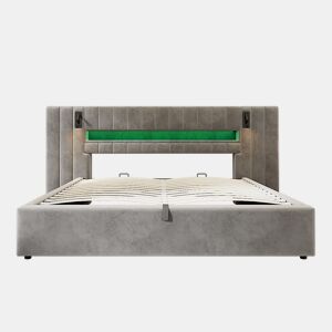 Cama estofada 180 x 200 cm - com USB, LED, candeeiro de mesa e arrumação - cinzento