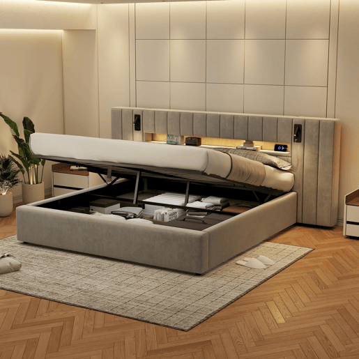Cama estofada 180 x 200 cm - com USB, LED, candeeiro de mesa e arrumação - cinzento