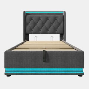 Cama individual 90x200 - LED 360 Surround, hidráulica, cabeceira estofada com USB Tipo-C - Cinza