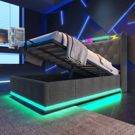 Cama individual 90x200 - LED 360 Surround, hidráulica, cabeceira estofada com USB Tipo-C - Cinza
