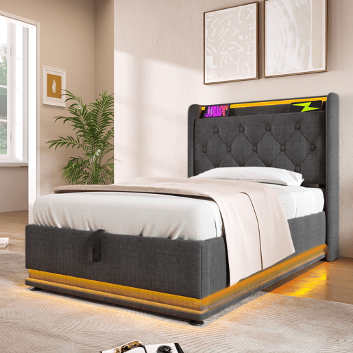 Cama individual 90x200 - LED 360 Surround, hidráulica, cabeceira estofada com USB Tipo-C - Cinza