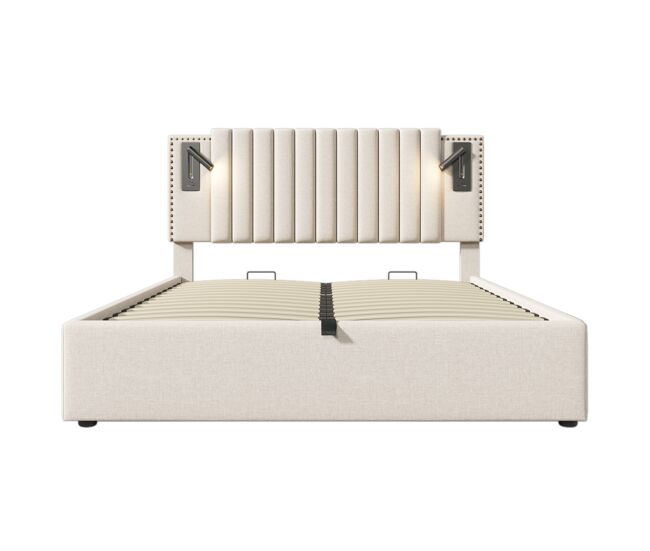 Cama tapizada 160x200 - cama doble con almacenamiento, luz de lectura con puerto usb, cabecero con diseño de tachuelas, somier y caja de
