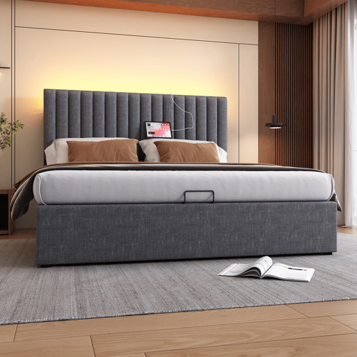 Cama de casal 160x200cm - Polsterbett com arrumação, LED, controlo por aplicação, carregamento USB Tipo C, cabeceira ajustável - Cinza