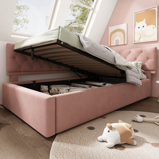 Cama Polsterbett 90x190 cm - Sofá-cama com arrumação hidráulica, estrutura em madeira, veludo, Rosa