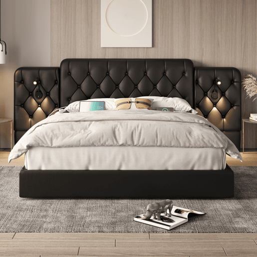 Cama estofada 180x200 cm - com luz LED, USB, armazenamento hidráulico, cabeceira longa - Preto