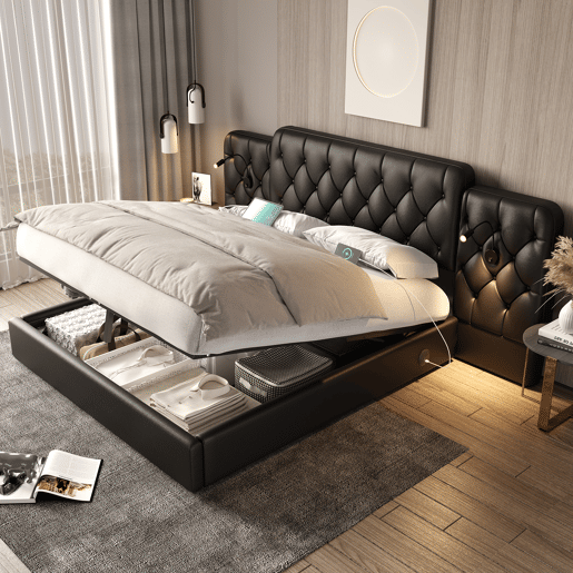Cama estofada 180x200 cm - com luz LED, USB, armazenamento hidráulico, cabeceira longa - Preto