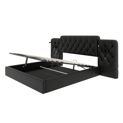 Cama estofada 180x200 cm - com luz LED, USB, armazenamento hidráulico, cabeceira longa - Preto