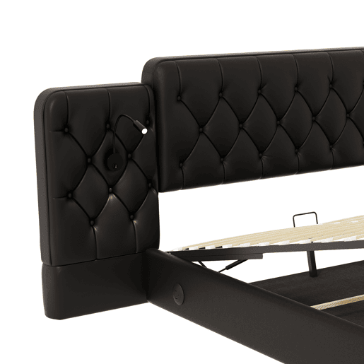 Cama estofada 180x200 cm - com luz LED, USB, armazenamento hidráulico, cabeceira longa - Preto