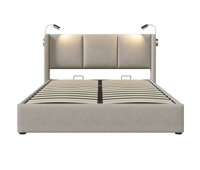 Cama polsterbett 140x200 - con almacenamiento, cabecero con luz led y función de carga usb - beige