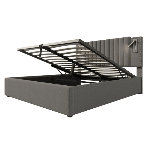 Cama estofada 160x200 cm - Com arrumação, cabeceira com luz LED USB, design com tachas, com estrado e colchão - Cinza