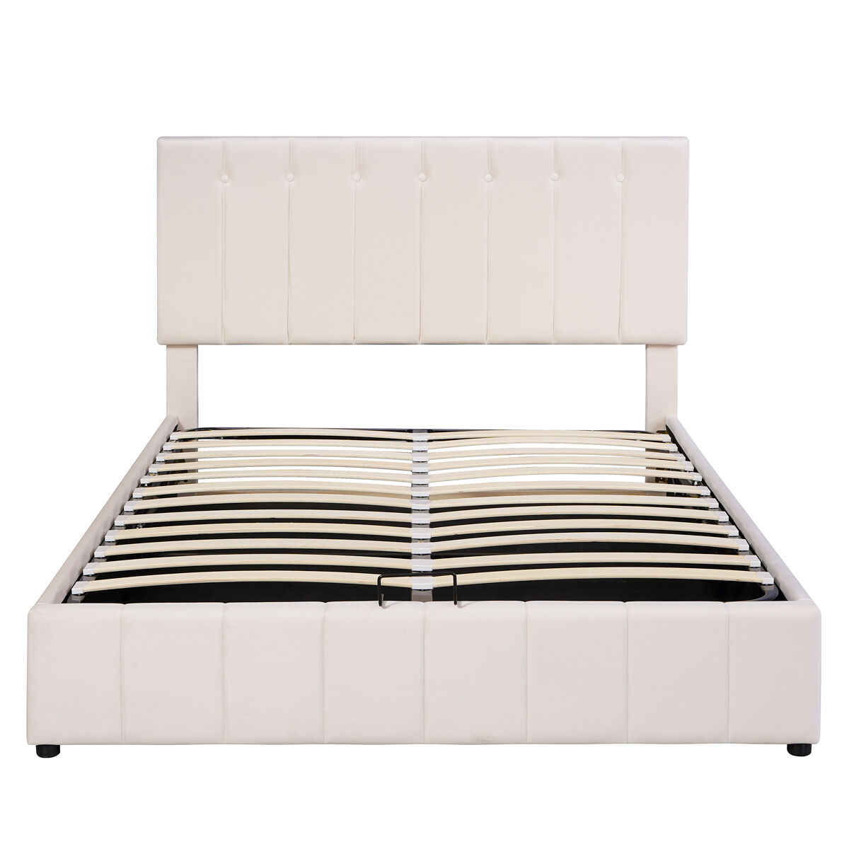 Cama tapizada 140x200 cm - cama doble con almacenamiento hidráulico, cabezal ajustable, latas metálicas - crema