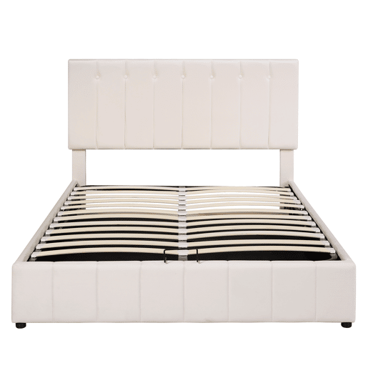 Cama estofada 140x200 cm - Cama de casal com arrumação hidráulica, cabeceira ajustável, latas metálicas - Creme
