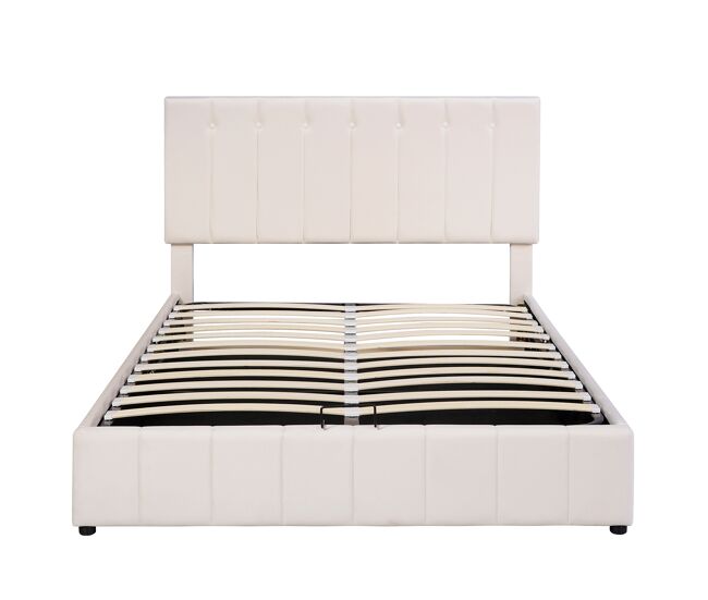 Cama tapizada 140x200 cm - cama doble con almacenamiento hidráulico, cabezal ajustable, latas metálicas - crema