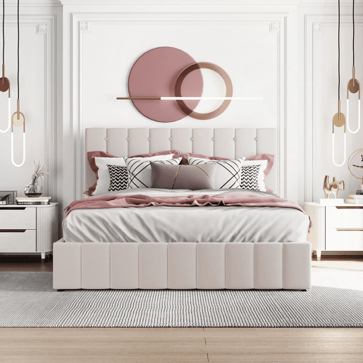 Cama estofada 140x200 cm - Cama de casal com arrumação hidráulica, cabeceira ajustável, latas metálicas - Creme
