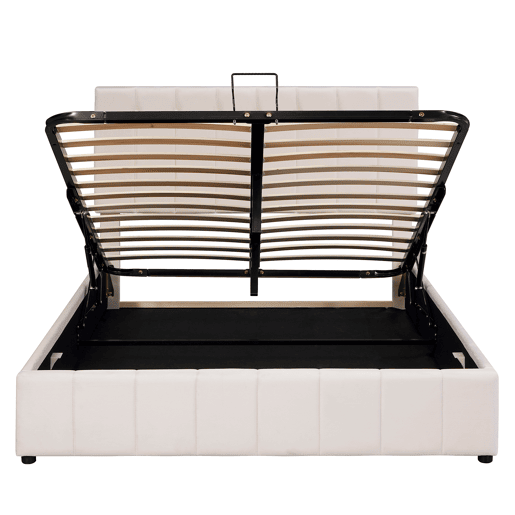 Cama estofada 140x200 cm - Cama de casal com arrumação hidráulica, cabeceira ajustável, latas metálicas - Creme