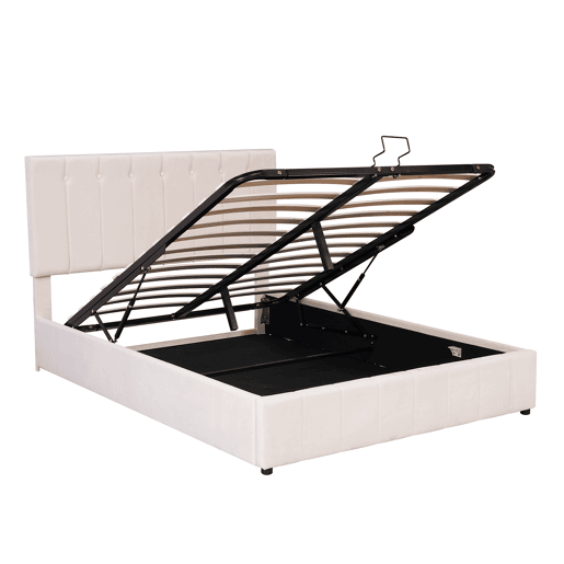 Cama estofada 140x200 cm - Cama de casal com arrumação hidráulica, cabeceira ajustável, latas metálicas - Creme