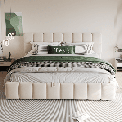Cama estofada 140x190 cm - Cabeceira e laterais volumosas, função de armazenamento hidráulico, sem colchão - Bege