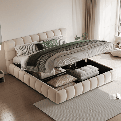 Cama estofada 140x190 cm - Cabeceira e laterais volumosas, função de armazenamento hidráulico, sem colchão - Bege