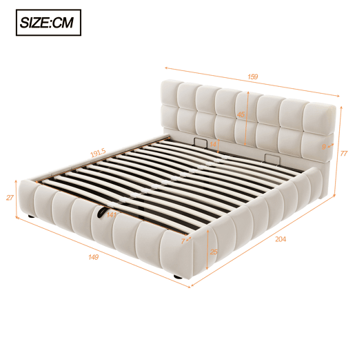 Cama estofada 140x190 cm - Cabeceira e laterais volumosas, função de armazenamento hidráulico, sem colchão - Bege