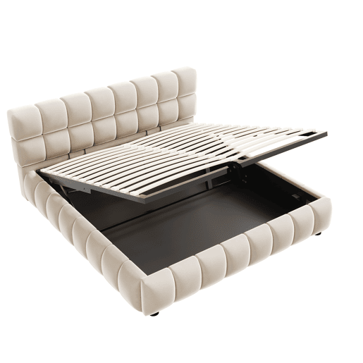 Cama estofada 140x190 cm - Cabeceira e laterais volumosas, função de armazenamento hidráulico, sem colchão - Bege