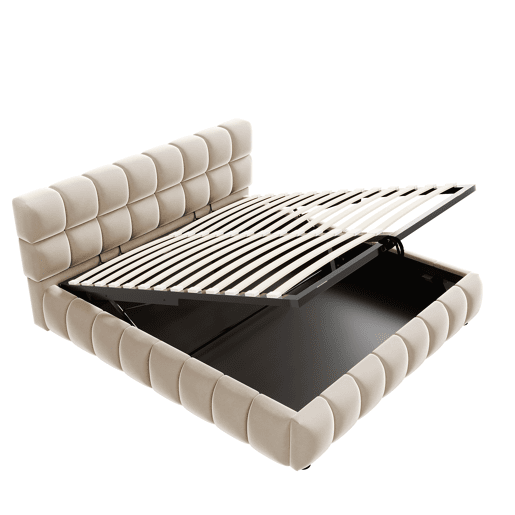Cama estofada 140x190 cm - Cabeceira e laterais volumosas, função de armazenamento hidráulico, sem colchão - Bege