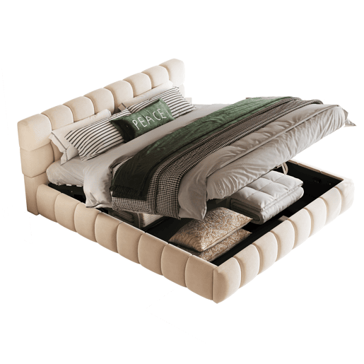 Cama estofada 140x190 cm - Cabeceira e laterais volumosas, função de armazenamento hidráulico, sem colchão - Bege
