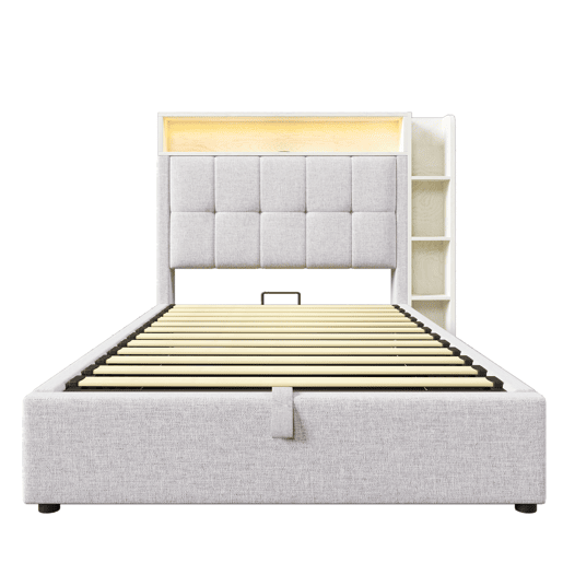 Cama estofada 90x200 cm - Com função de carregamento USB Tipo-C, armazenamento multifuncional, iluminação LED, sem colchão - Bege