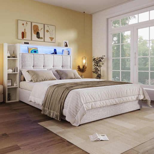 Cama estofada 90x200 cm - Com função de carregamento USB Tipo-C, armazenamento multifuncional, iluminação LED, sem colchão - Bege
