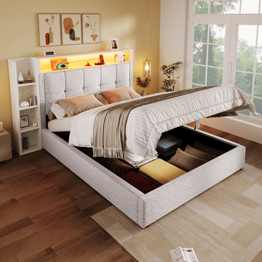 Cama estofada 90x200 cm - Com função de carregamento USB Tipo-C, armazenamento multifuncional, iluminação LED, sem colchão - Bege