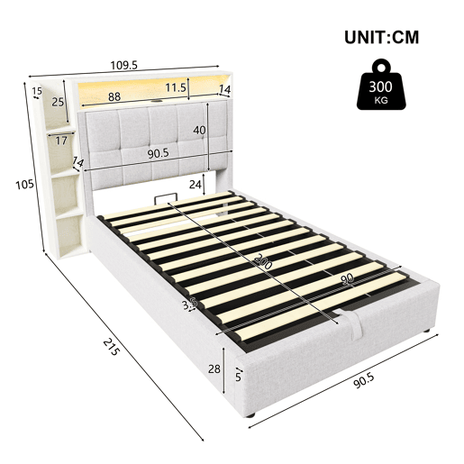 Cama estofada 90x200 cm - Com função de carregamento USB Tipo-C, armazenamento multifuncional, iluminação LED, sem colchão - Bege