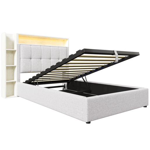 Cama estofada 90x200 cm - Com função de carregamento USB Tipo-C, armazenamento multifuncional, iluminação LED, sem colchão - Bege