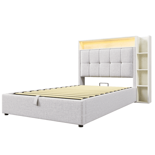 Cama estofada 90x200 cm - Com função de carregamento USB Tipo-C, armazenamento multifuncional, iluminação LED, sem colchão - Bege