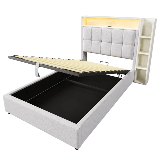 Cama estofada 90x200 cm - Com função de carregamento USB Tipo-C, armazenamento multifuncional, iluminação LED, sem colchão - Bege