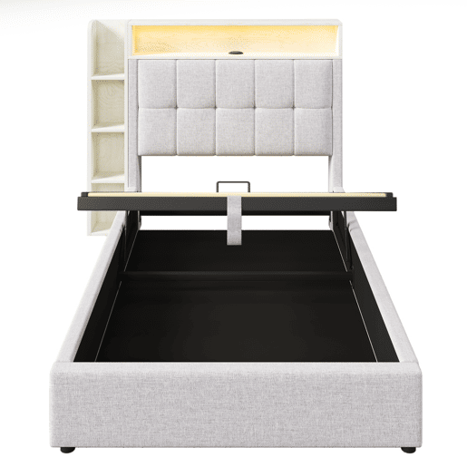 Cama estofada 90x200 cm - Com função de carregamento USB Tipo-C, armazenamento multifuncional, iluminação LED, sem colchão - Bege