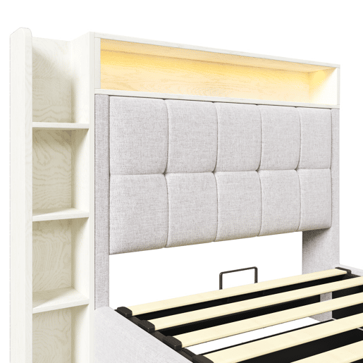 Cama estofada 90x200 cm - Com função de carregamento USB Tipo-C, armazenamento multifuncional, iluminação LED, sem colchão - Bege