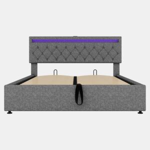 Cama estofada 160x200 cm - com luz ambiente, armazenamento, USB e Tipo-C - Cinza