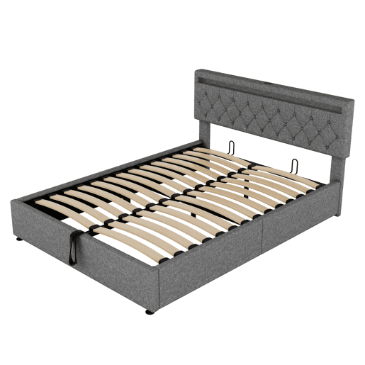 Cama estofada 160x200 cm - com luz ambiente, armazenamento, USB e Tipo-C - Cinza