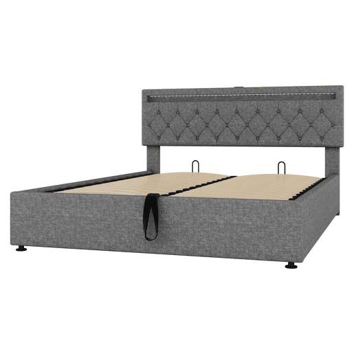 Cama estofada 160x200 cm - com luz ambiente, armazenamento, USB e Tipo-C - Cinza