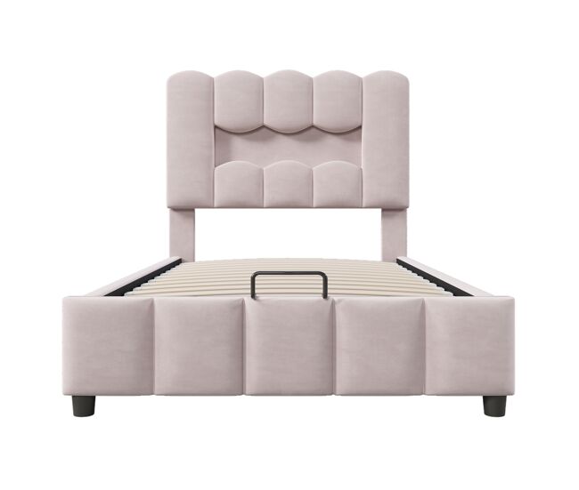 Cama tapizada 90x200 cm - sin colchón, led, hidráulico, cabecero ajustable, terciopelo, rosa