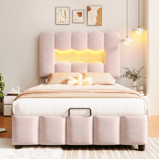 Cama estofada 90x200 cm - Sem colchão, LED, hidráulica, cabeceira ajustável, Veludo, Rosa