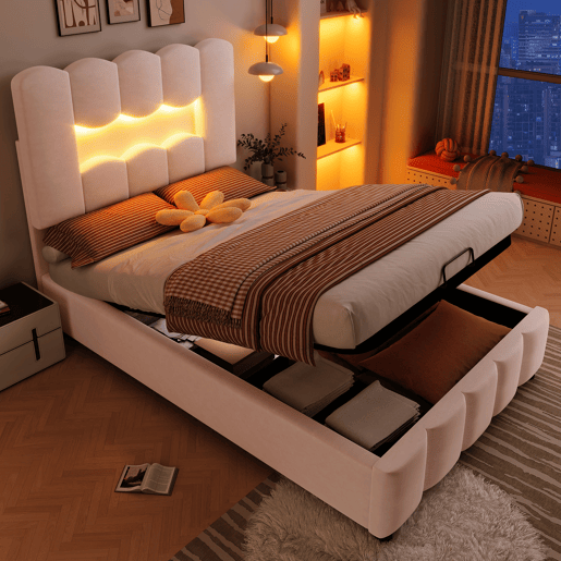 Cama estofada 90x200 cm - Sem colchão, LED, hidráulica, cabeceira ajustável, Veludo, Rosa